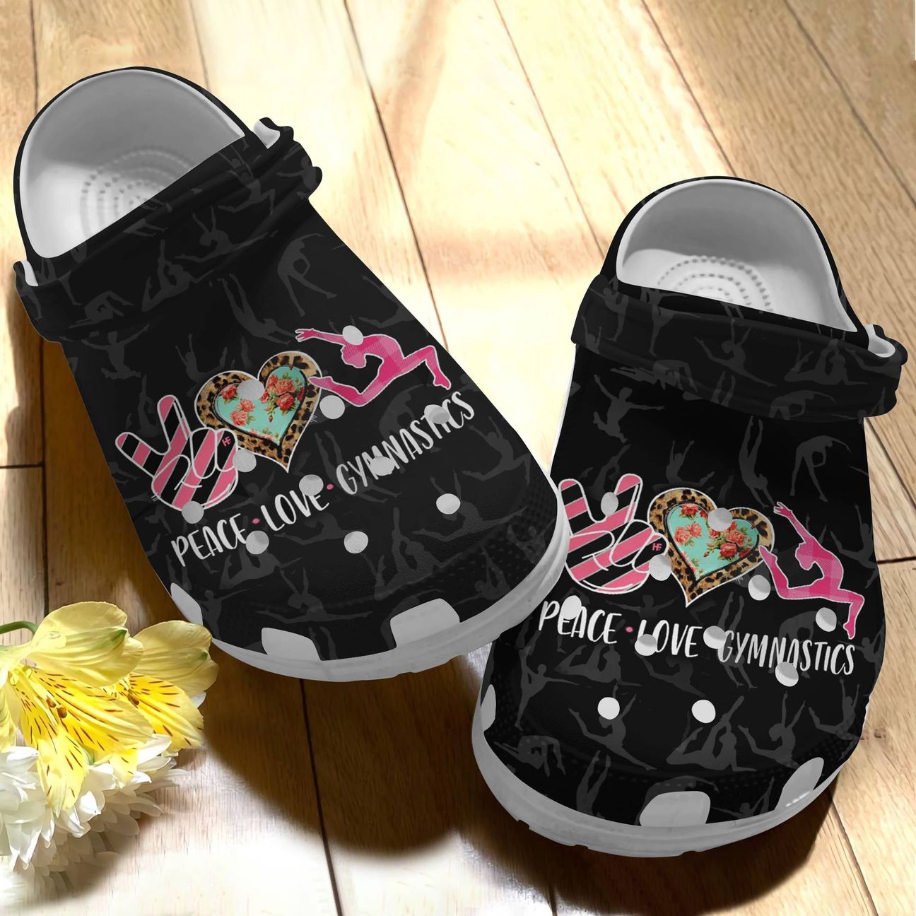 Gymnastics Personalized Clog, Custom Name, Text, Color, Number Fashion Style For Women, Men, Kid, Print 3D Peace Love Gymnastics