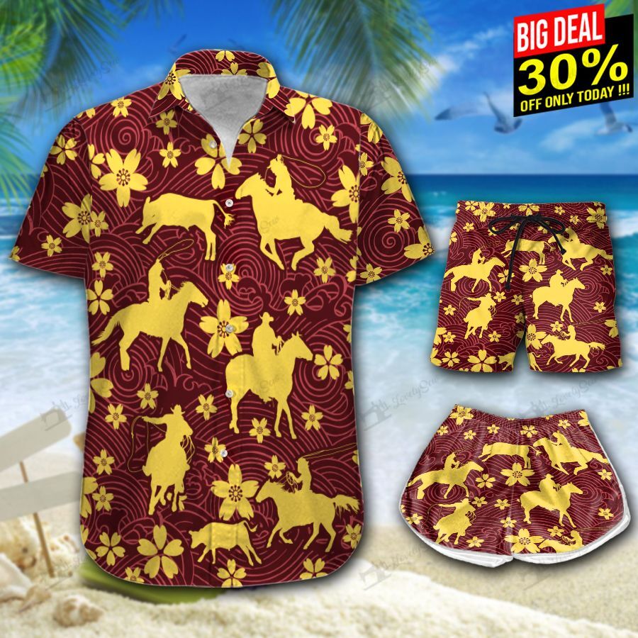 Calf Roping Yellow Hawaiian Shirt Shorts Ha24629