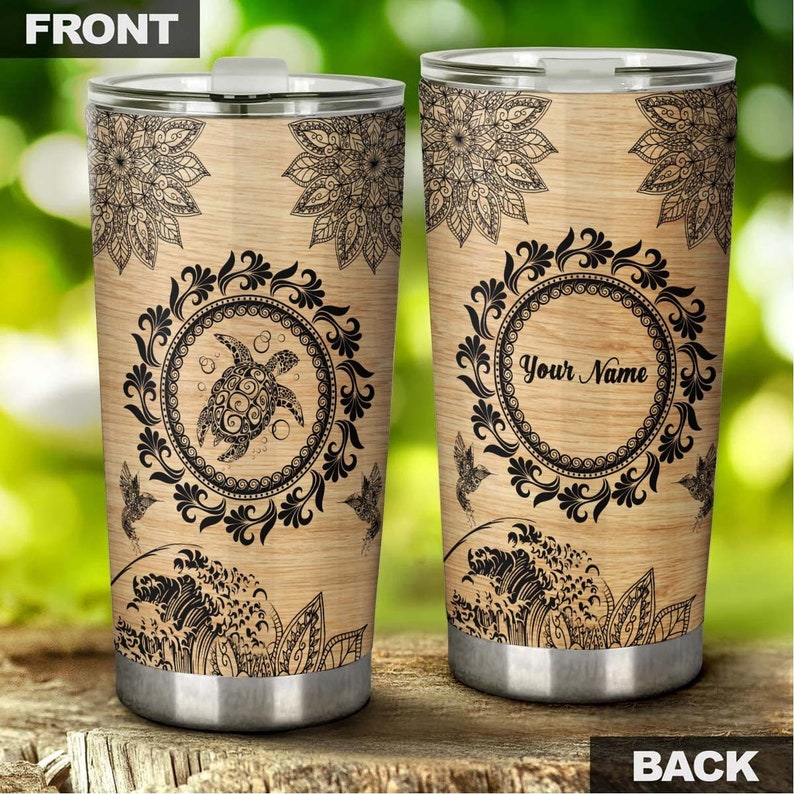 Turtle Mandala Wood Tattoo Style Personalized Tumbler-Turtle Present-Unique Tumbler-Birthday Christmas Gift For Turtle Lover