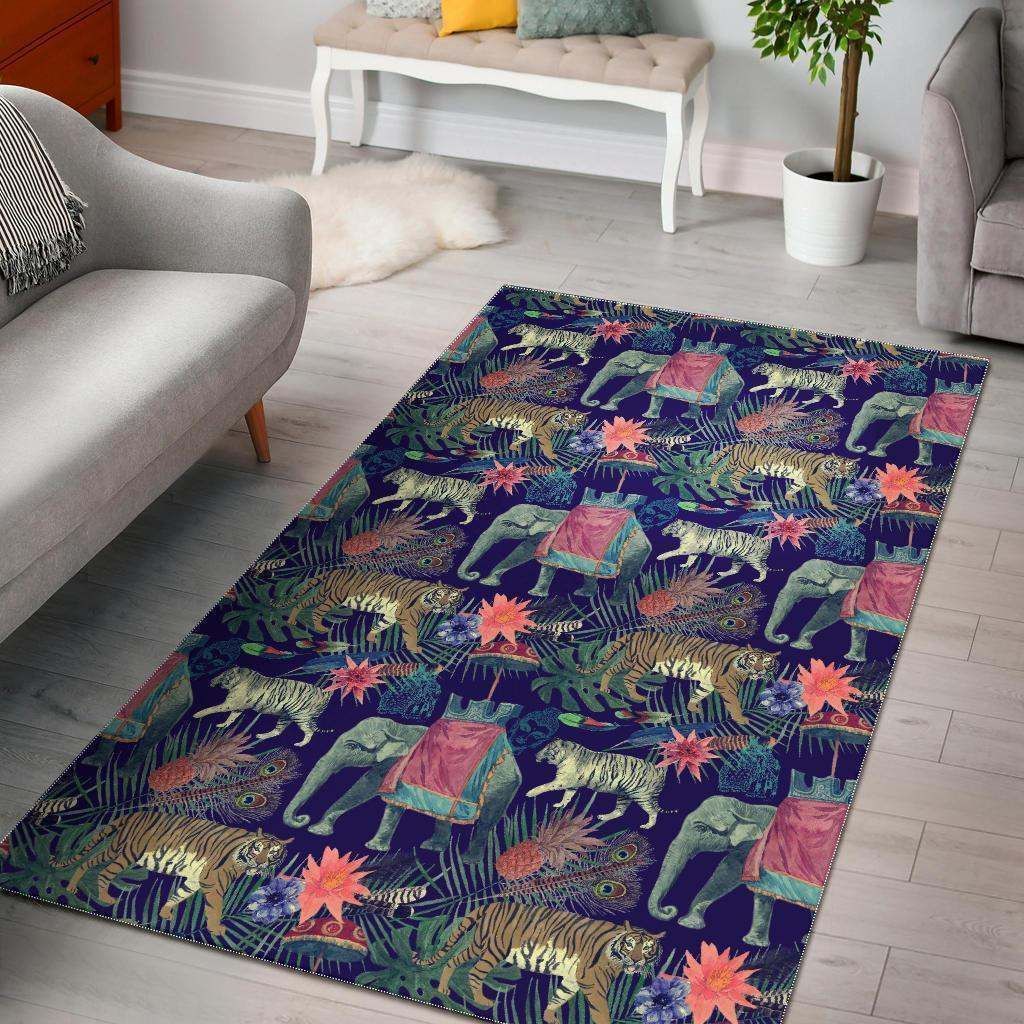 Tropical Palm Leave Peacock Tiger Elephant Rug