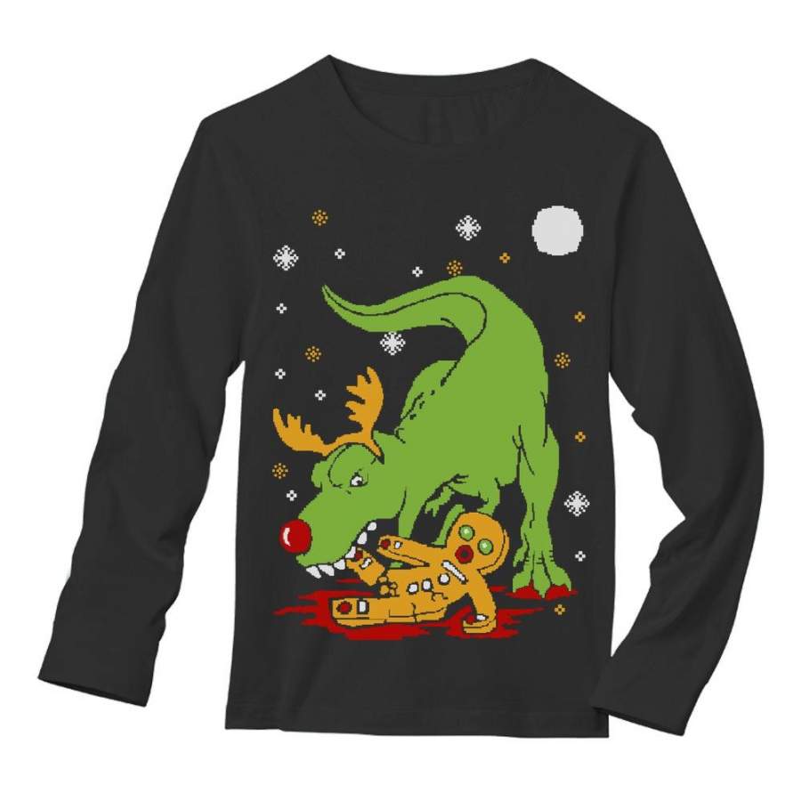 T-Rex Biting Gingerbread Ugly Christmas Long Sleeve T-Shirt