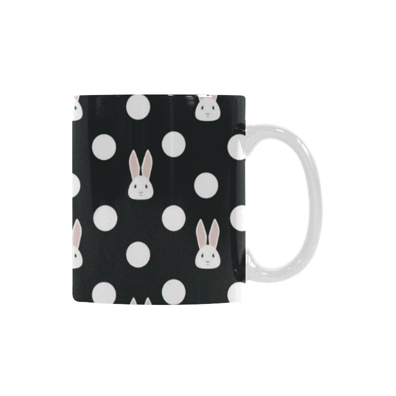 Cute white rabbit polka dots black background Classical White Mug (Fulfilled In US)