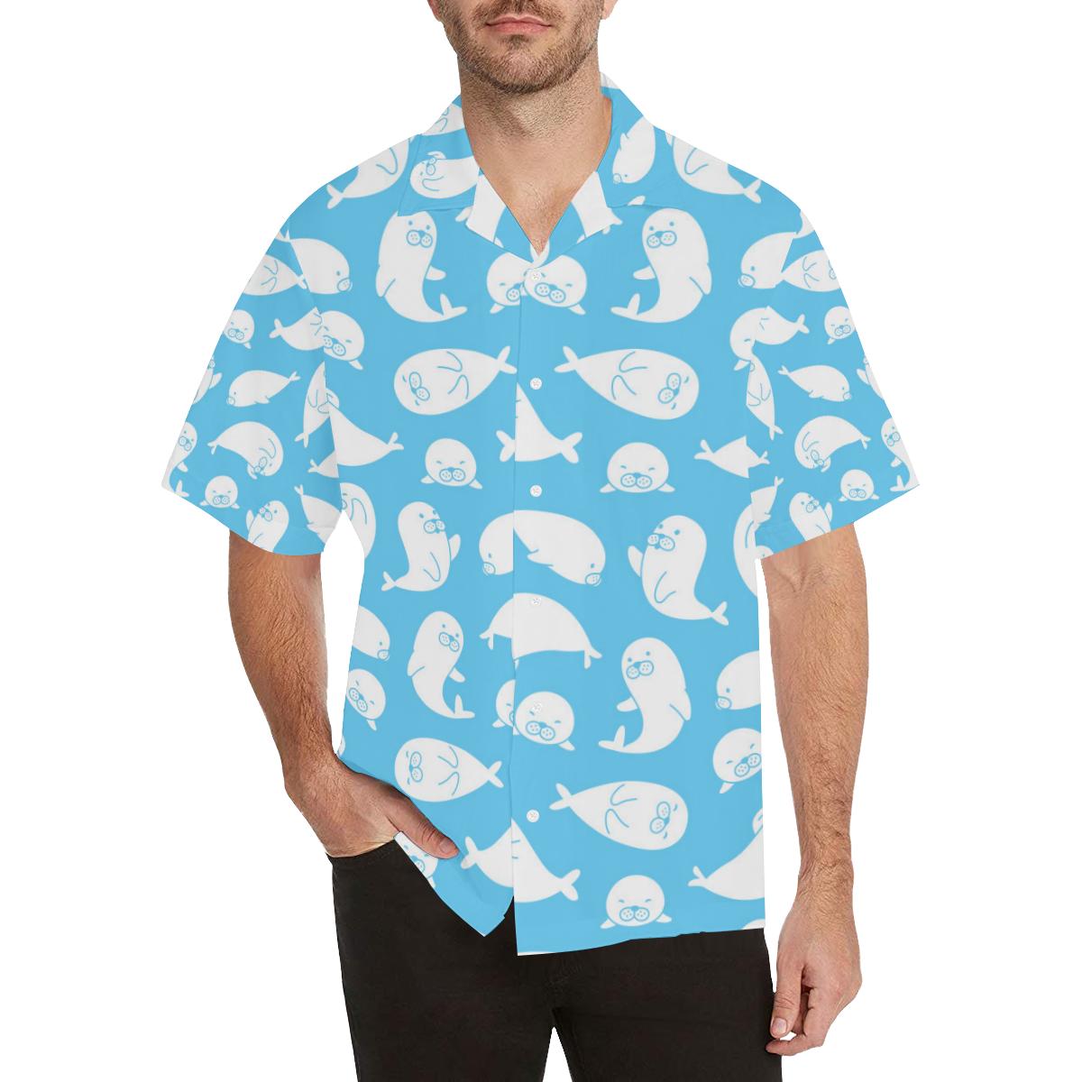 Cute white sea lion seals pattern Men’s All Over Print Hawaiian Shirt