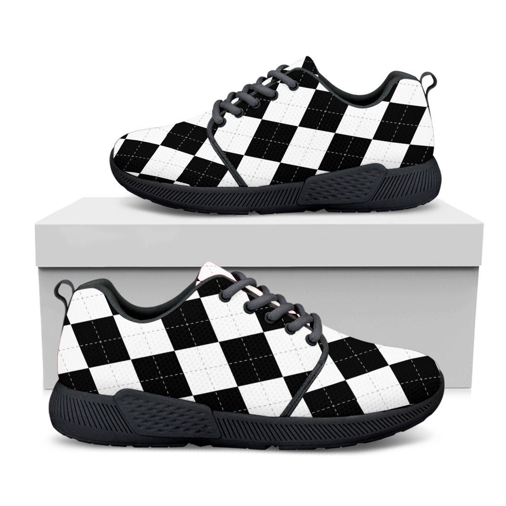 White And Black Argyle Pattern Print Black Athletic Shoes