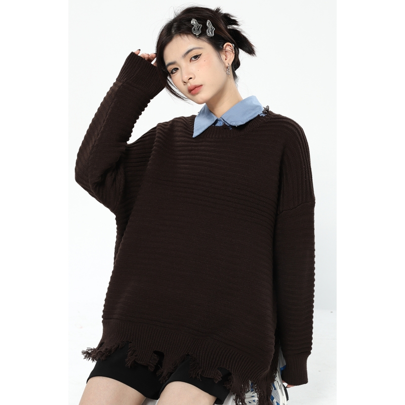 Women Dark Coffee Sweater Round Neck Frayed Fashion Vintage Leisure Lazy Wind Loose Winter Female Thicken Warm Knitting Pullover alx