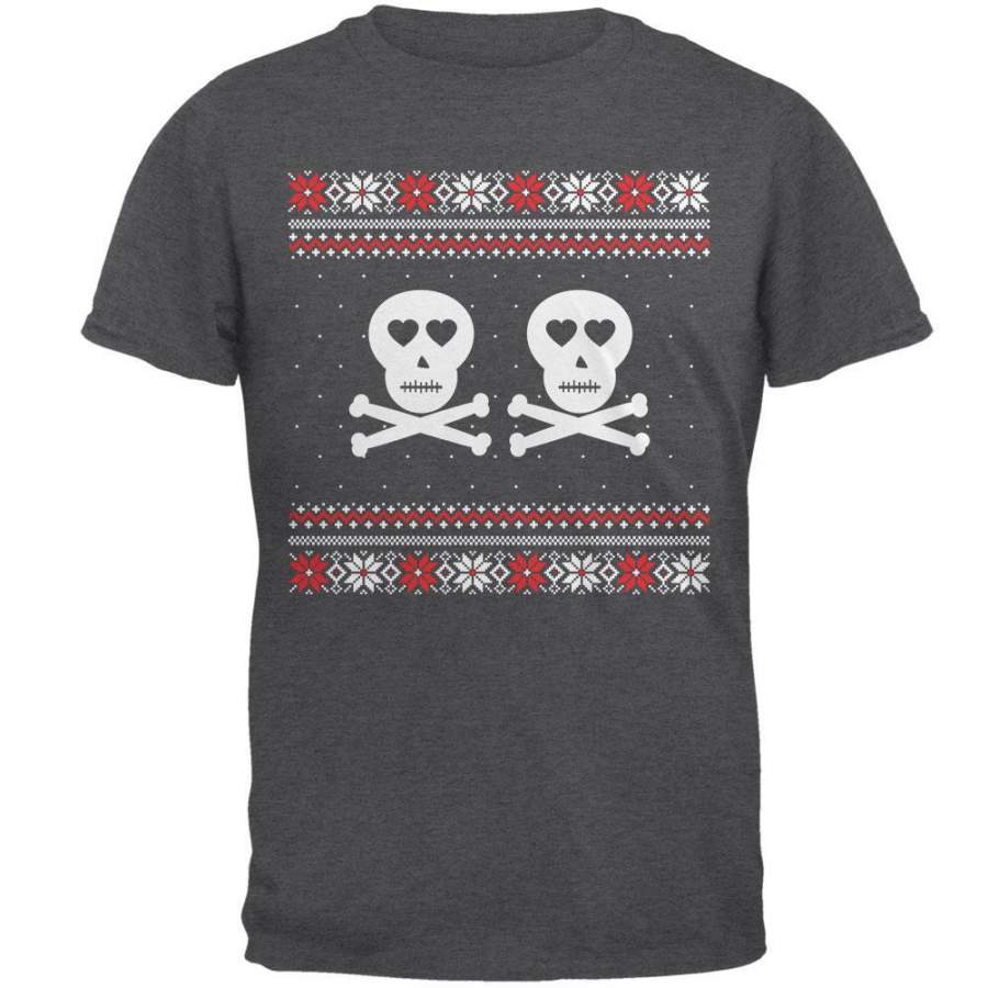 Skull and Crossbones Lovers Ugly Christmas Sweater Grey Adult T-Shirt