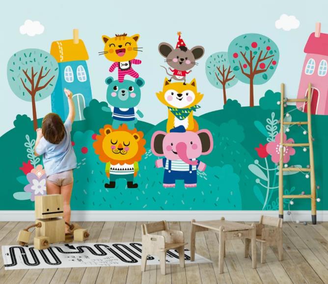 3D Nordic Color Cartoon Forest Animals Wall Mural Wallpaperpe 286