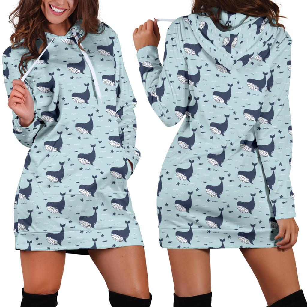 Whale Cute Design Themed Print Women Hoodie Dress