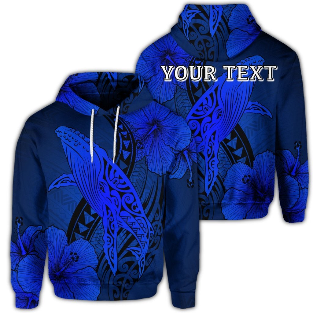 (Personalised) Hawaiian Map Whale Swim Hibiscus Polynesian Hoodie – Blue