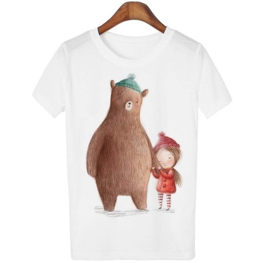 2017 Summer Fashion Cartoon Bear T-Shirt Short Sleeve Lady Cute Bear Print T-Shirt