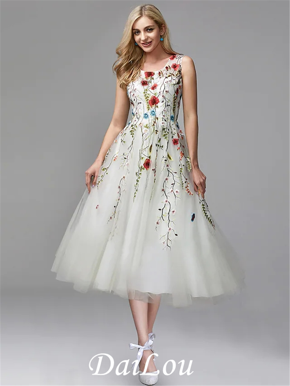 A-Line Elegant Floral Engagement Formal Evening Birthday Dress Jewel Neck Sleeveless Tea Length Tulle with Lace Insert Appliques alx