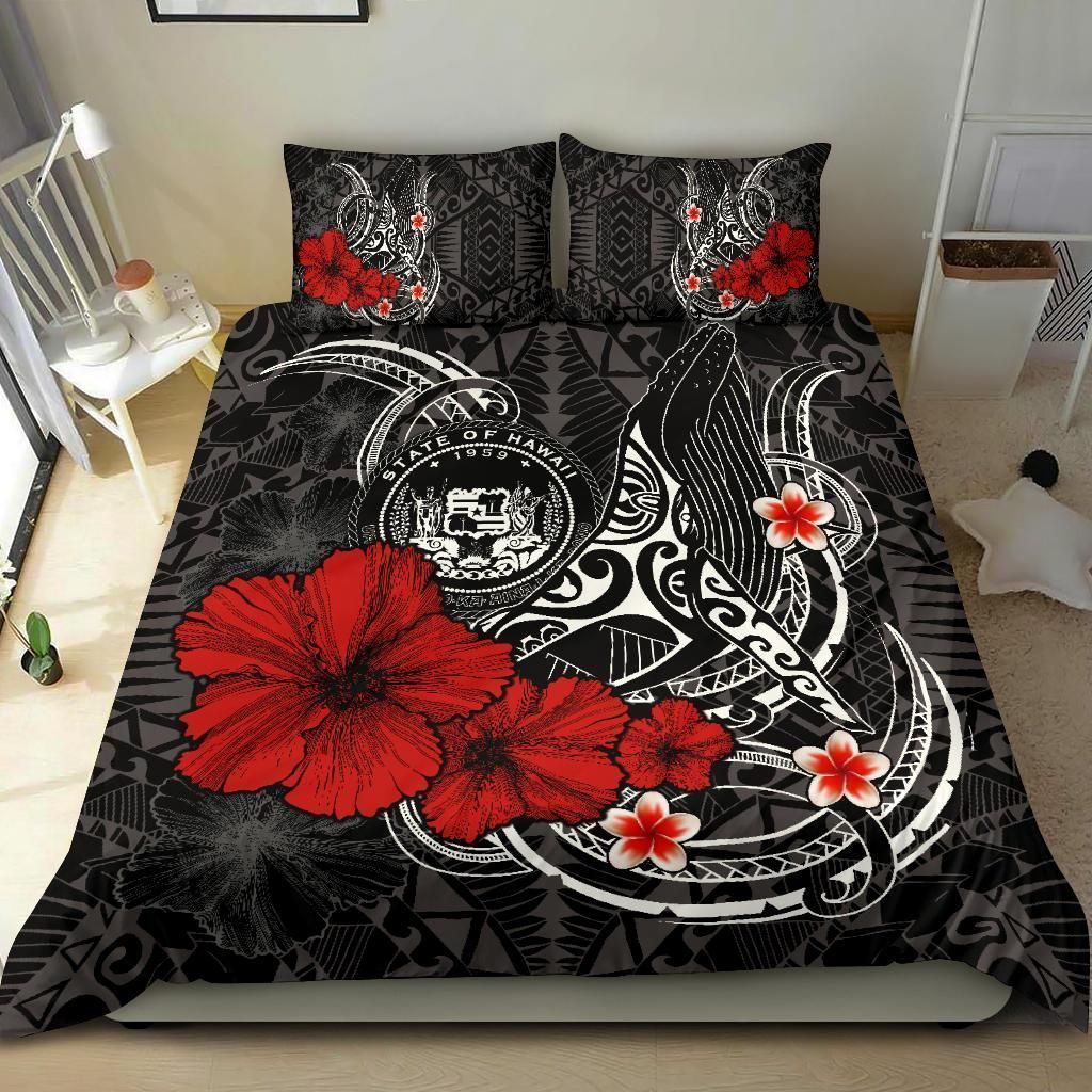 Alohawaii Bedding Set – Cover And Pillow Cases Polynesian Hawaii – Humpback Whale With Hibiscus (White) – Bn15