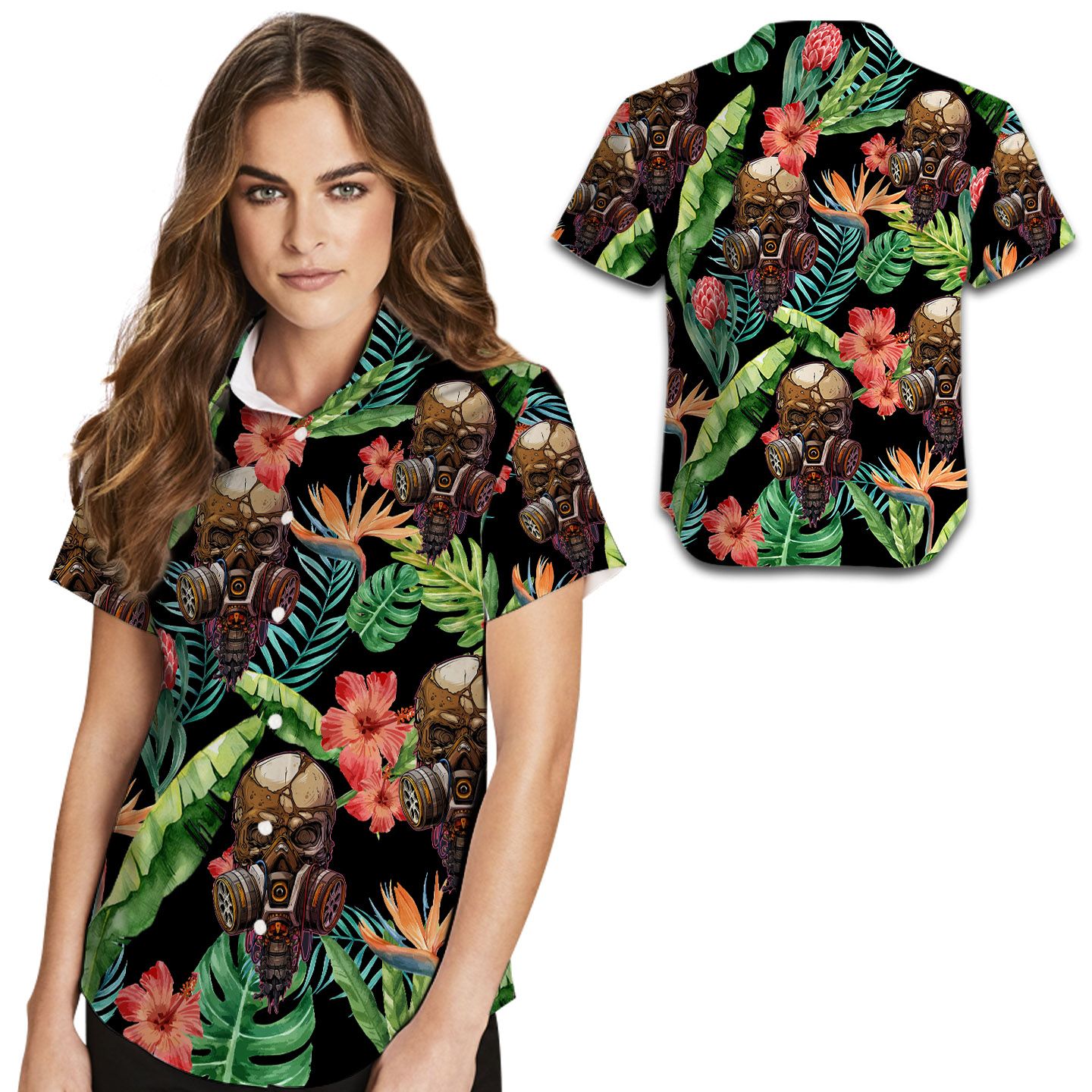 Skull Hibiscus Tropical Leaves Women Hawaiian Shirt Ha62290