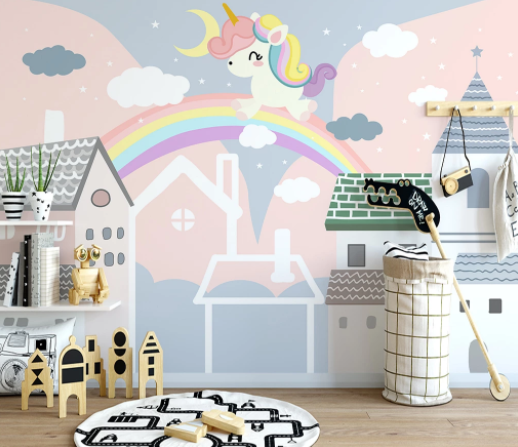 3D Cartoon Castle Unicorn Rainbow Wall Mural Wallpaper Lqh 209