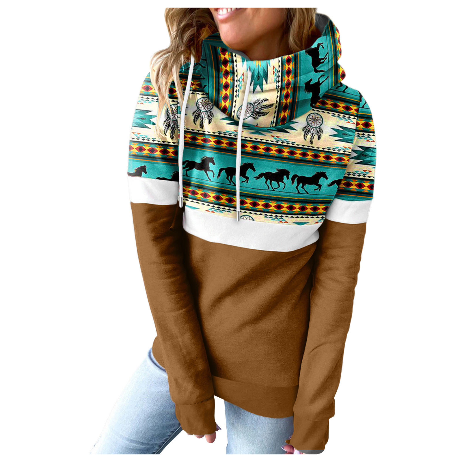 Winter High-necked Warm Stitching Ethnic Style Hooded Sweater Women Pullover Hoodies Tribal Printed Long Sleeve Turtleneck Tops alx