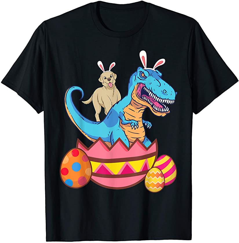 Labrador Retriever Riding T rex Dinosaur Easter Bunny Basket T-Shirt