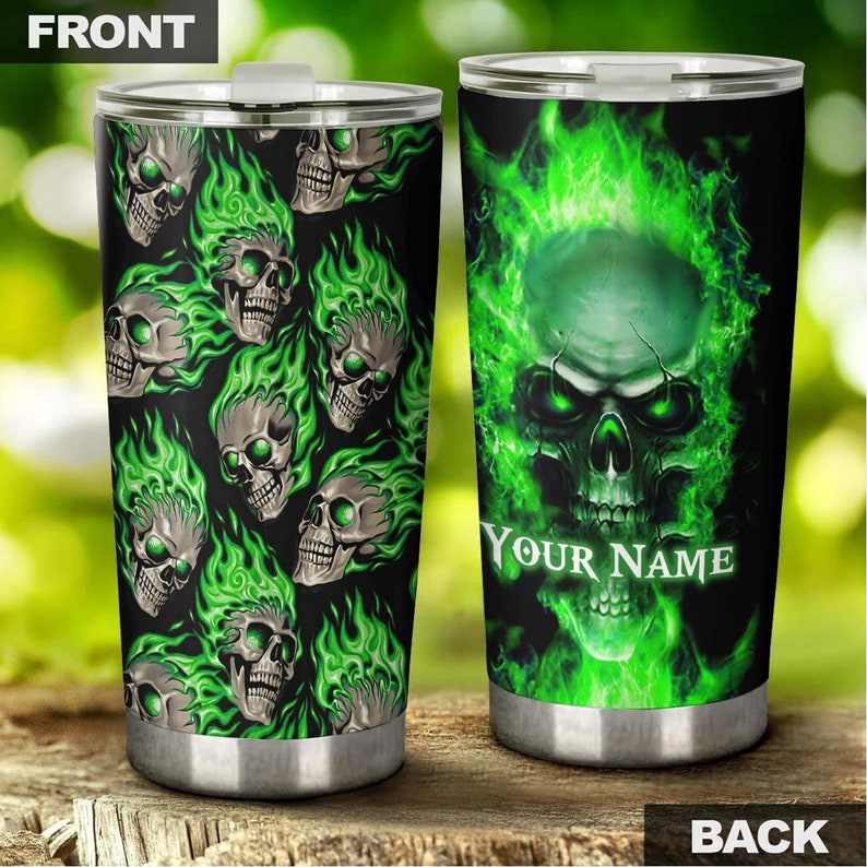 Skull On Green Fire Cool Personalized Fancy Unique Tumbler-Skull Tumbler-Skull Birthday Gift Christmas Gift For Her For Him