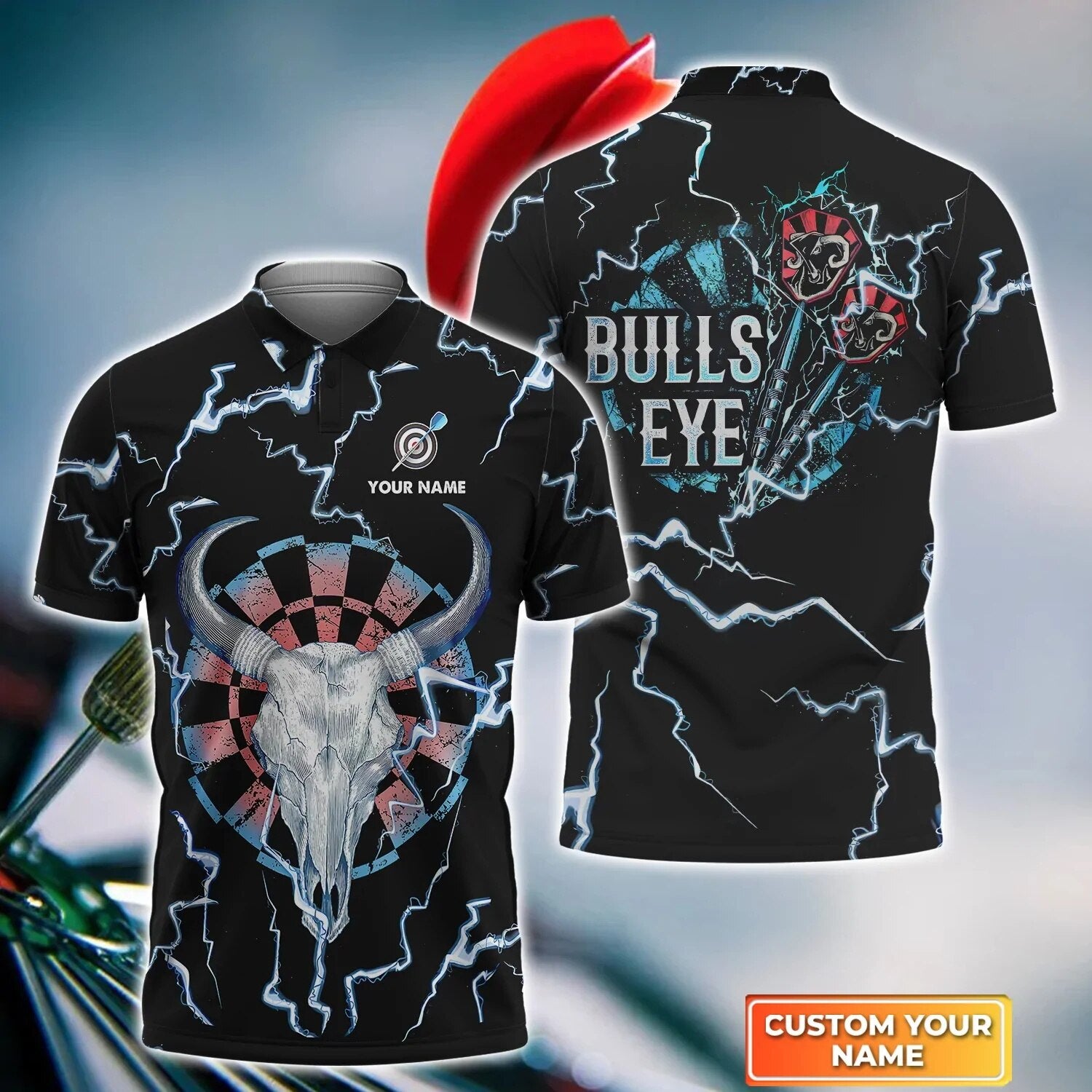 Black Bull Eye Thunder All Printed Polo Short For Man, Best Shirt For Dart Player