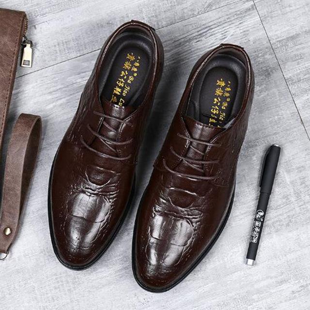 Business Men Work Dress Genuine Leather Crocodile Grain Printed Shoes,Lace-Up Pointed Toe Soft Bottom Leather Shoes