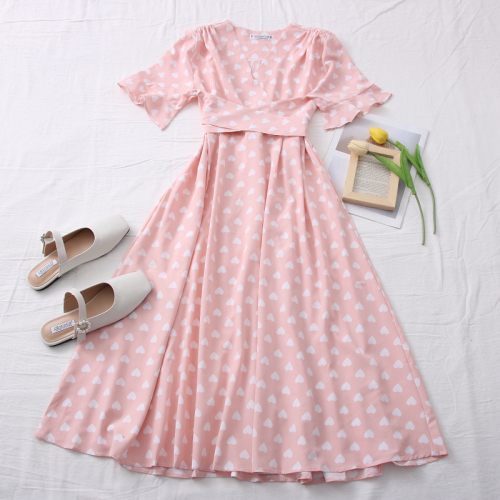 2021 New Spring Summer Women Sweet All-match Dress cherry love print V-neck Dress waist strap mid length Dress alx