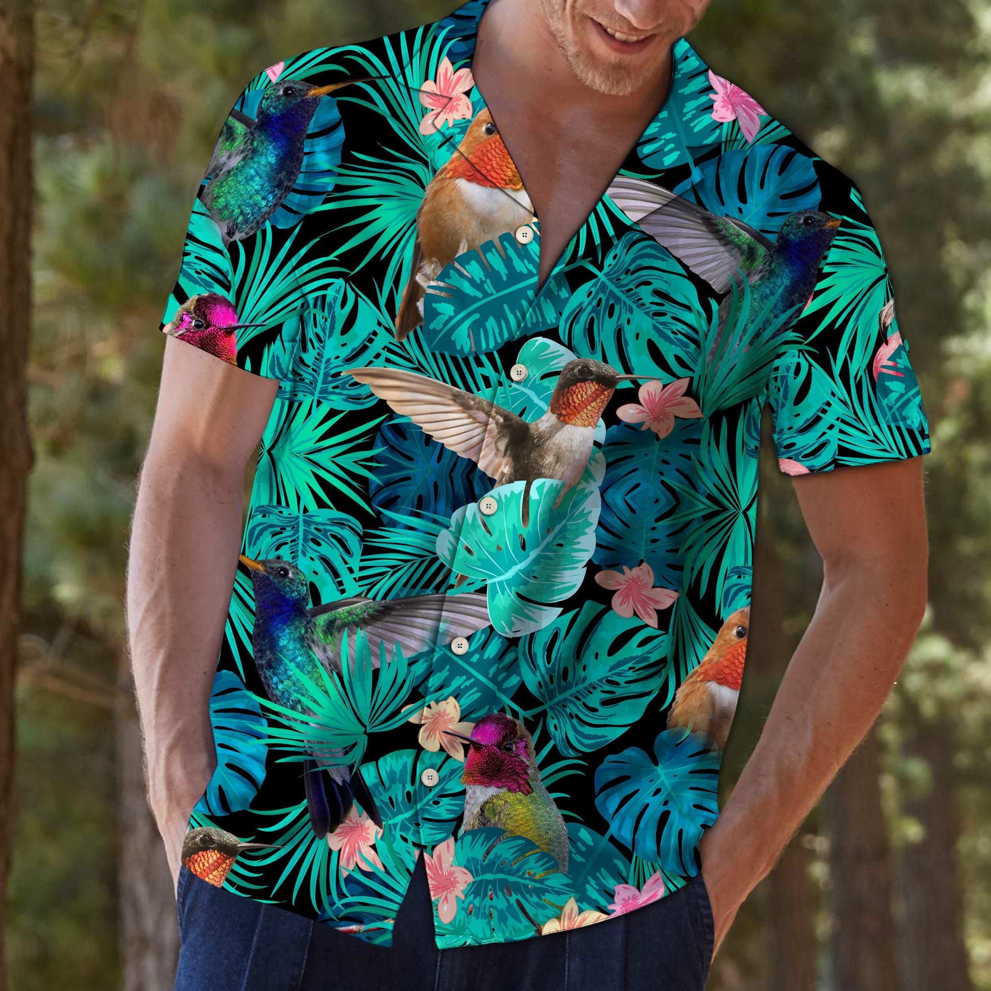 Tropical Hummingbird Hawaiian Unisex Print Aloha Short Sleeve Casual Shirt Ha33656