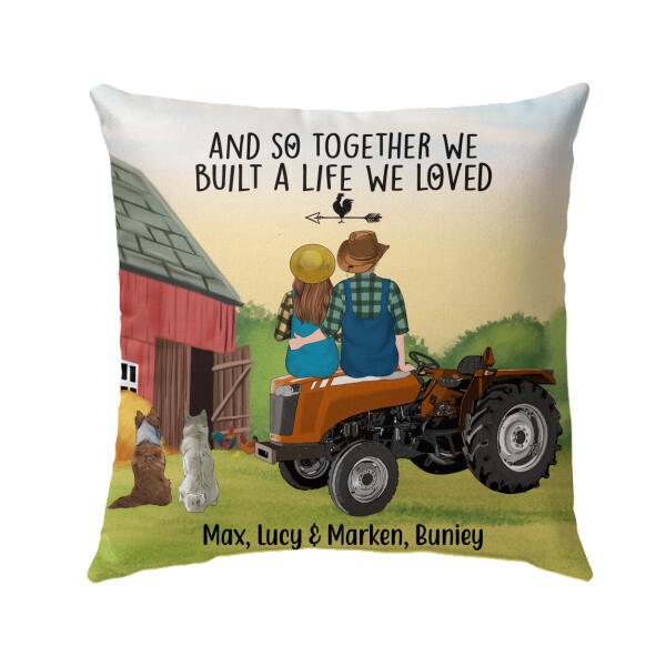 Personalized Pillow, Farming Couple On Tractor With Dogs, Gift For Farmers, Gift For Dog Lovers