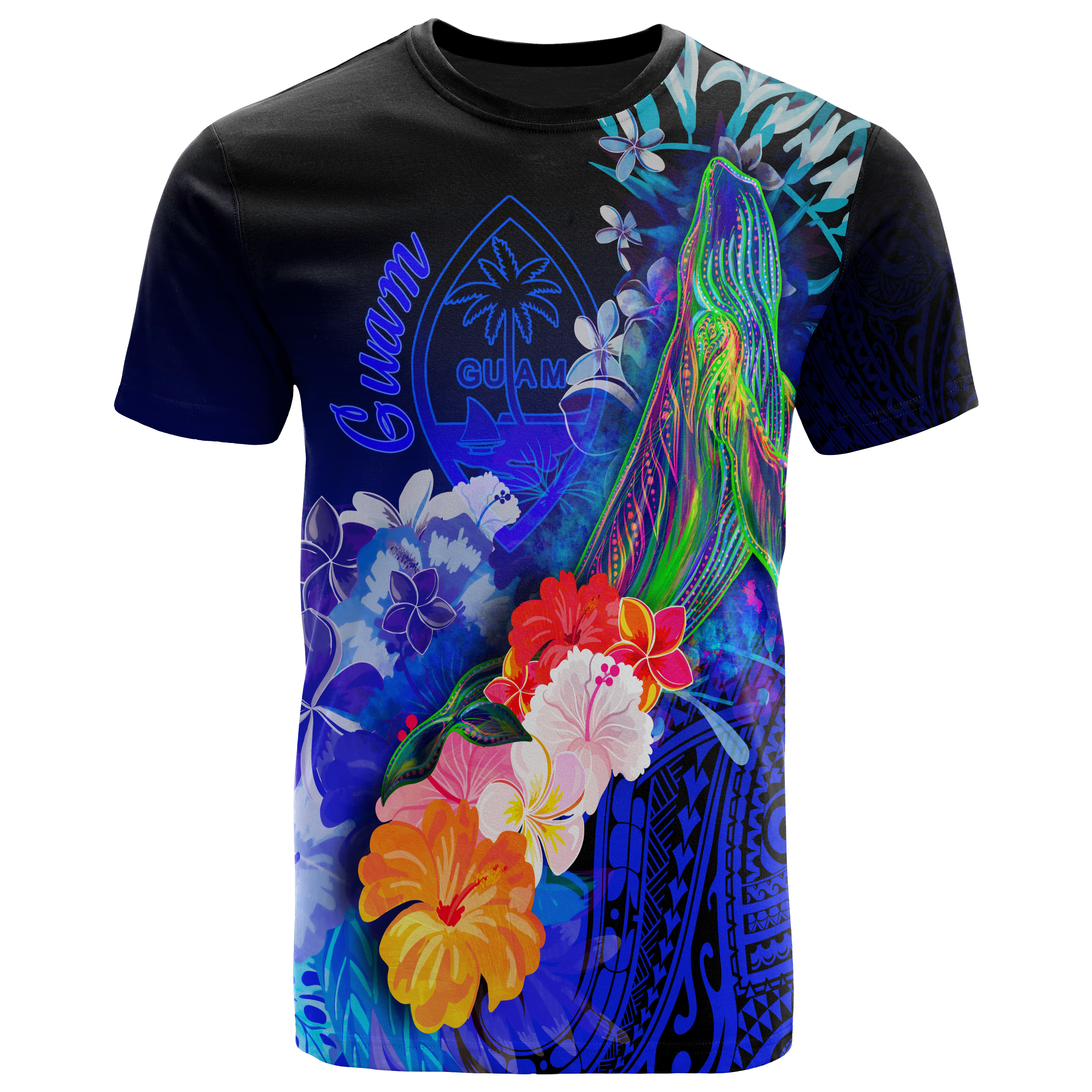 Guam T-Shirts – Humpback Whale With Tropical Flowers (Blue)