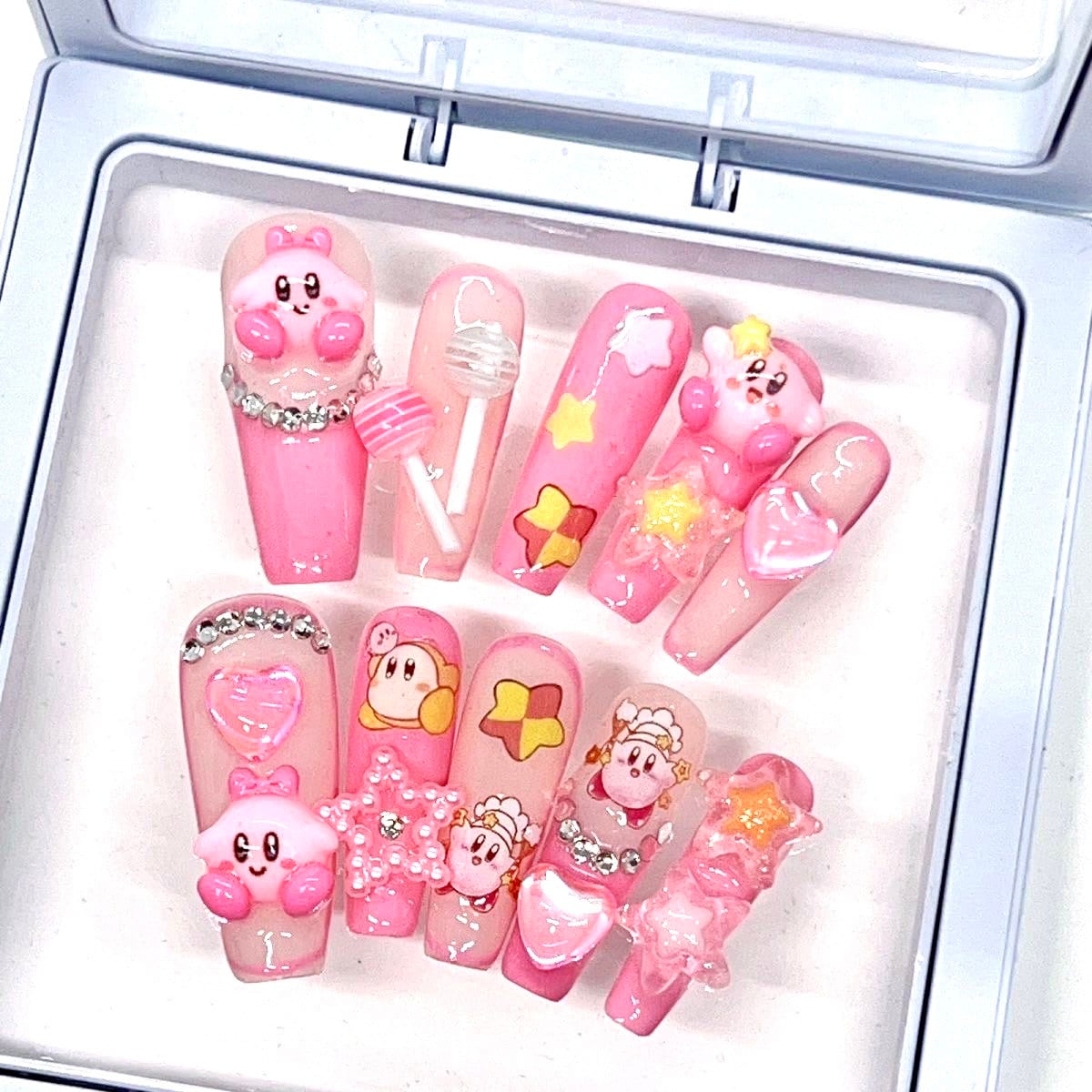 Mix pink color kawaii Kirby with heart and star Press on nails/ lollipop nails/ Kawaii Anime style Nails/ Y2K nails #325