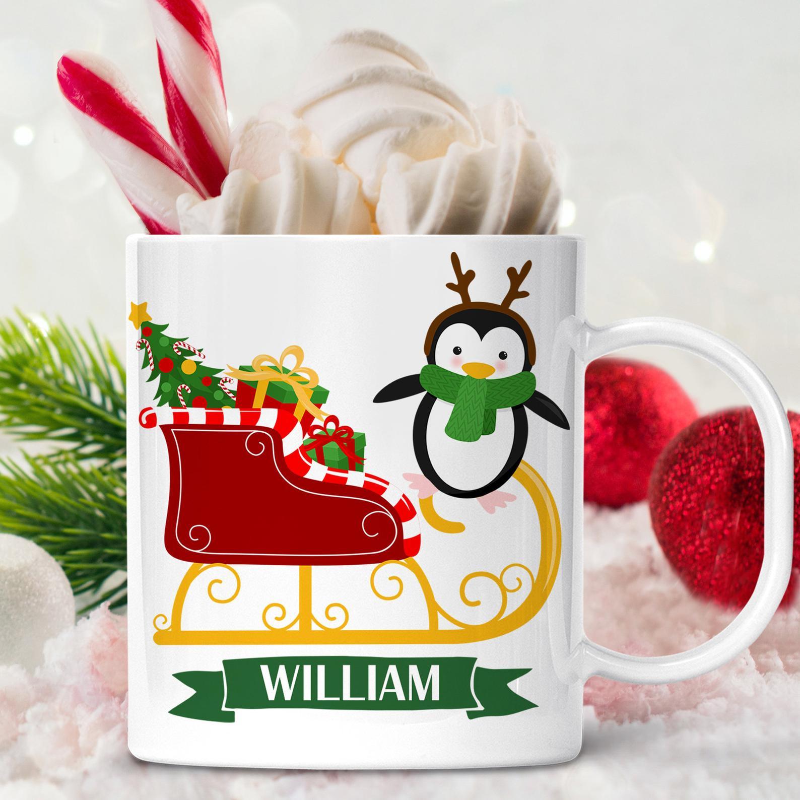 Pesonalized Name Kids Penguin Christmas Ized With Santa Sleigh Reindeer Lightweight Kids Bpa Free Mug White Ceramic 11-15Oz Coffee Tea Cup