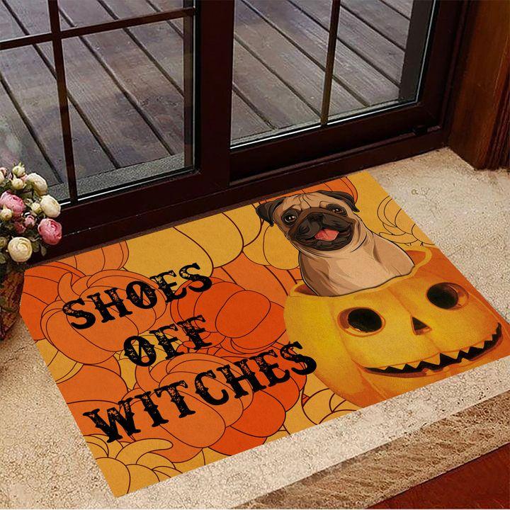 Pug Shoes Off Witches Pumpkin Halloween Easy Clean Welcome Doormat | Felt And Rubber | Do3319