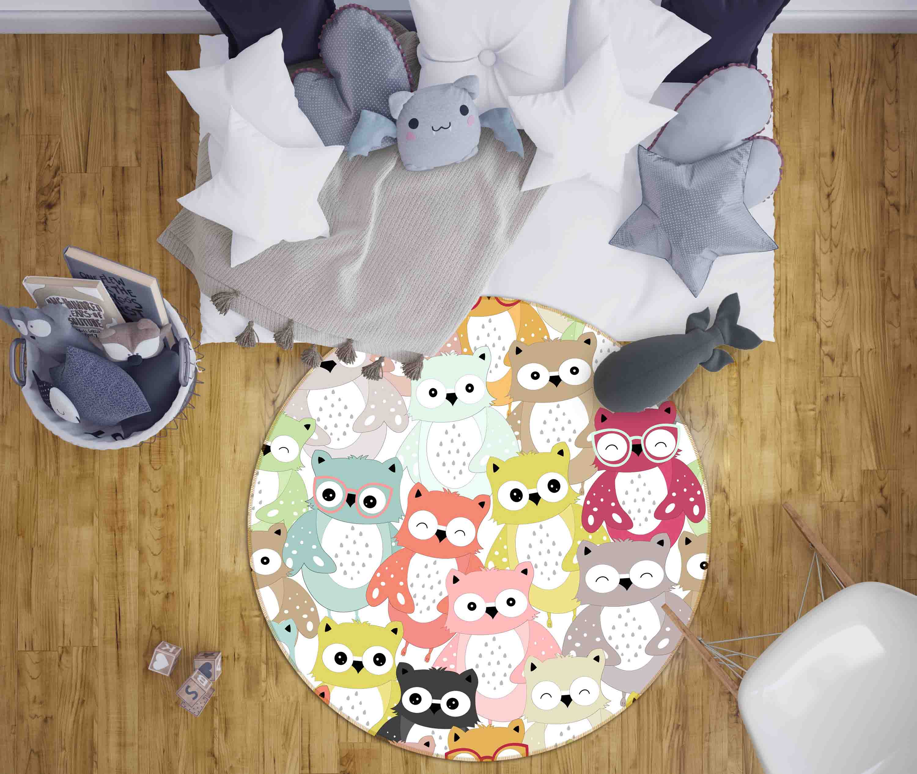 3D Cartoon Animal Colored Owl Kids Non-Slip Round Rug Mat 76