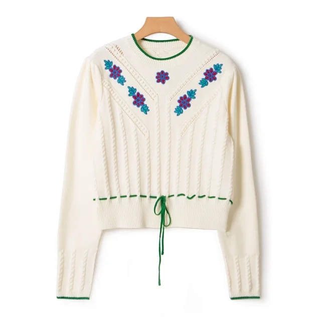 Women Lace-up Sweater Floral Embroidery Hollow out Vintage Wool Cashmere Knit Top Long Sleeve Female O-neck Jumper alx