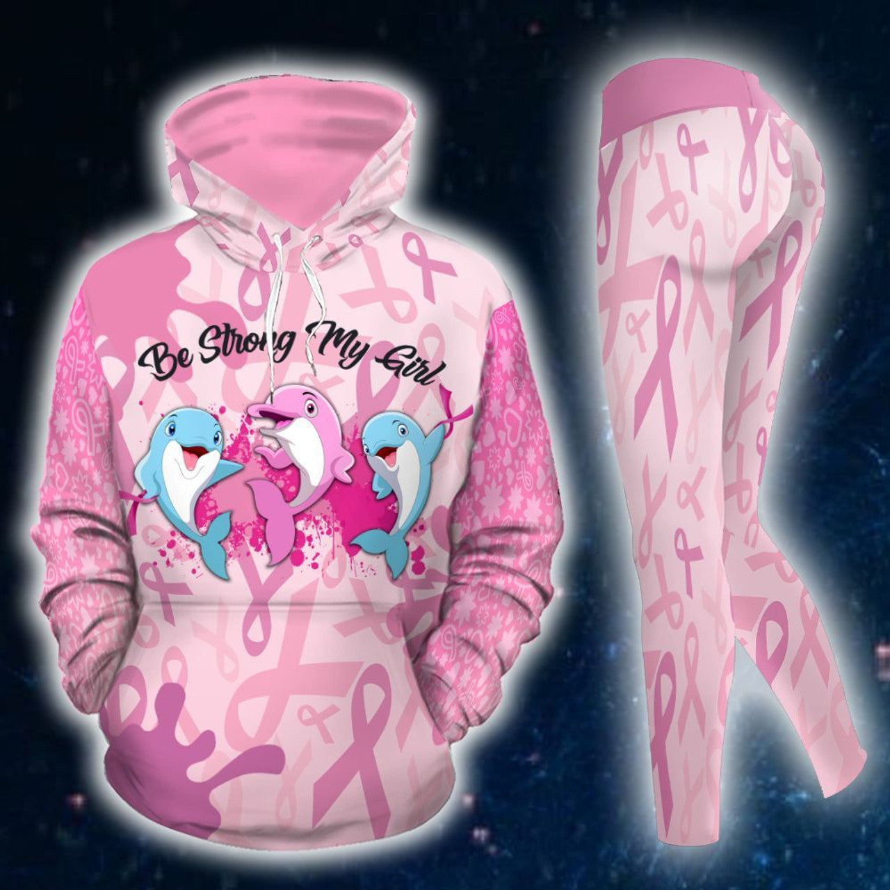 Breast Cancer Awareness Dolphin Hoodie Leggings Set Survivor Gifts For Women Clothing Clothes Outfits Ht