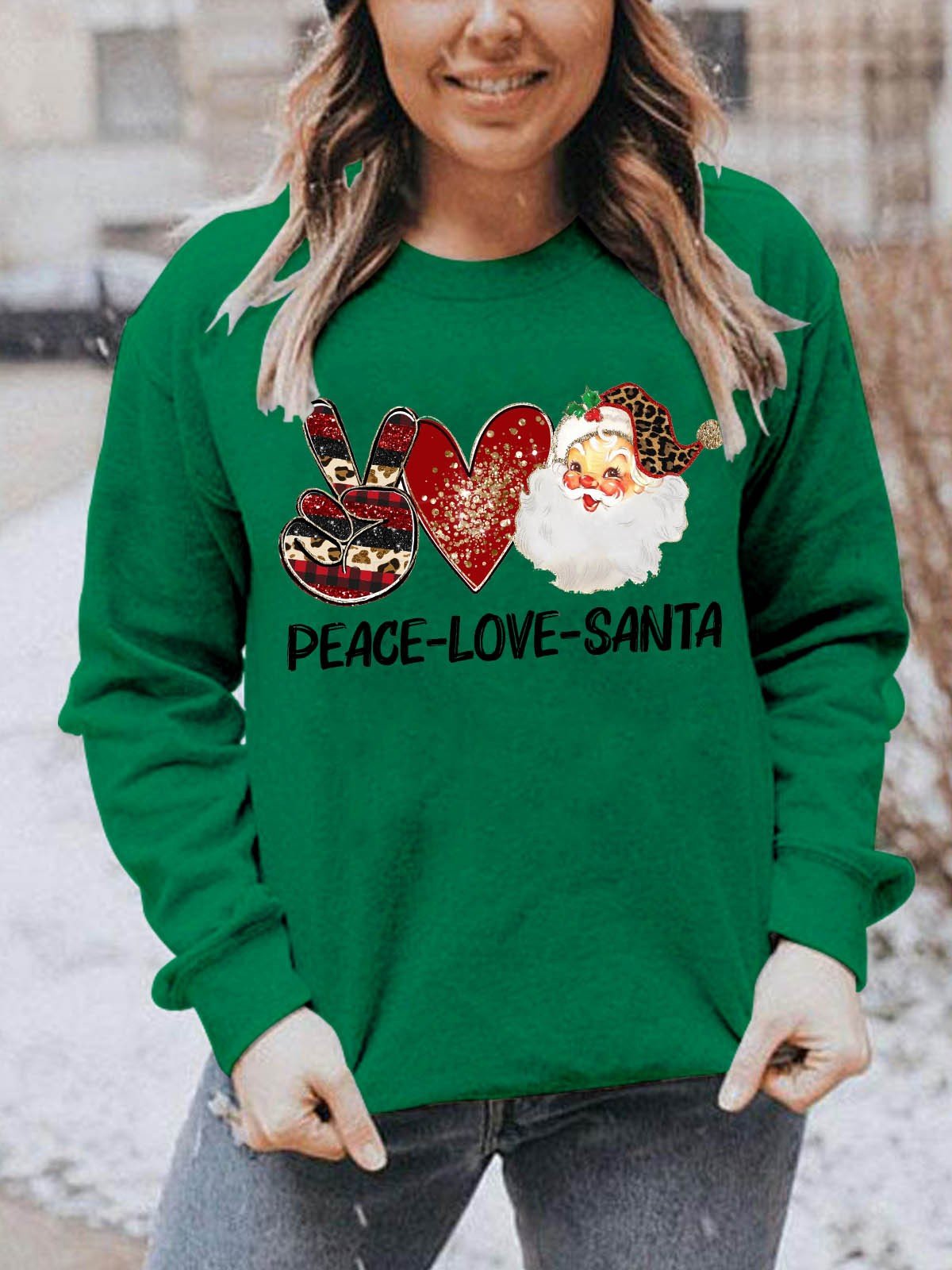 Women’S Peace Love Santa Leopard Hoodie Sweatshirt