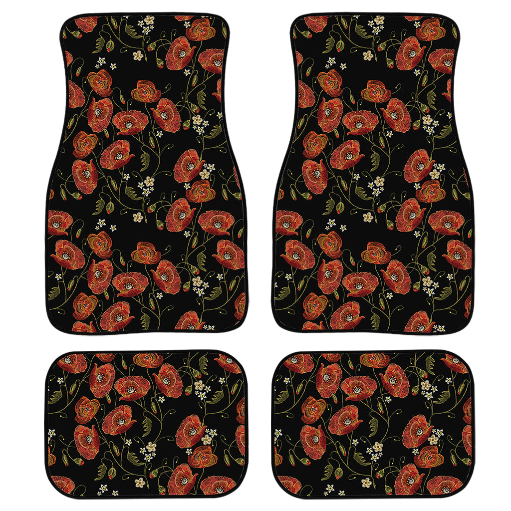 Embroidery Poppy Pattern Print Front And Back Car Floor Mats, Front Car Mat