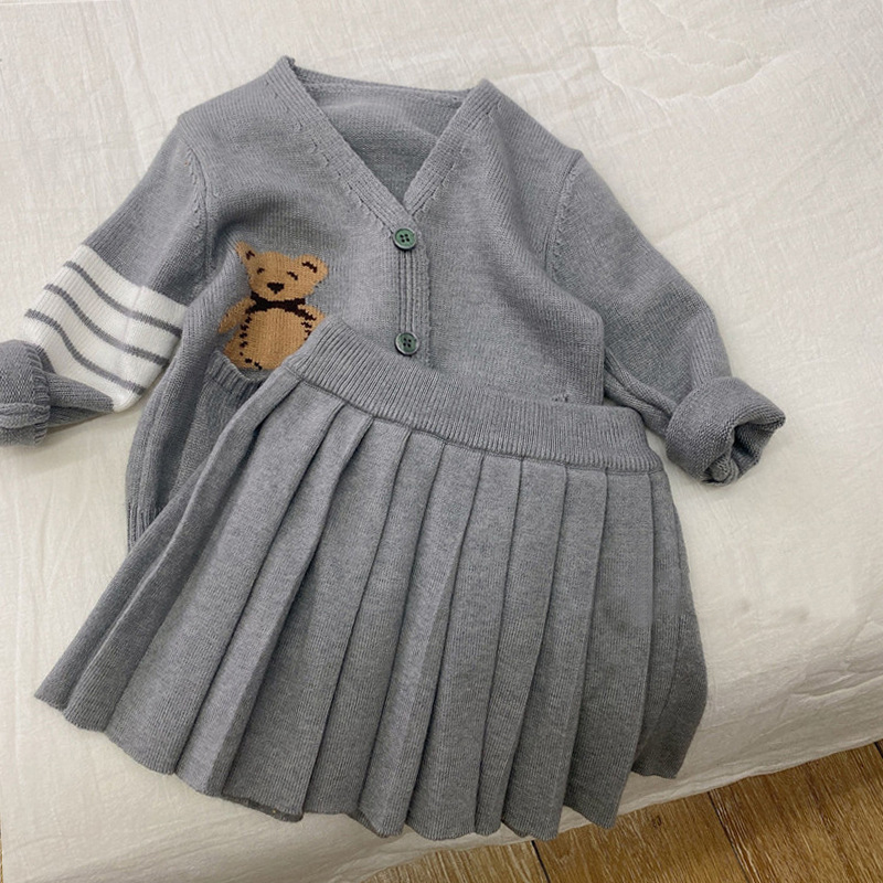 Baby Girl Clothes Autumn Winter New Cartoon Bear Sweater Cardigan+ Skirt Set 2Piece Korean Casual Cute College Style Girls Suit alx