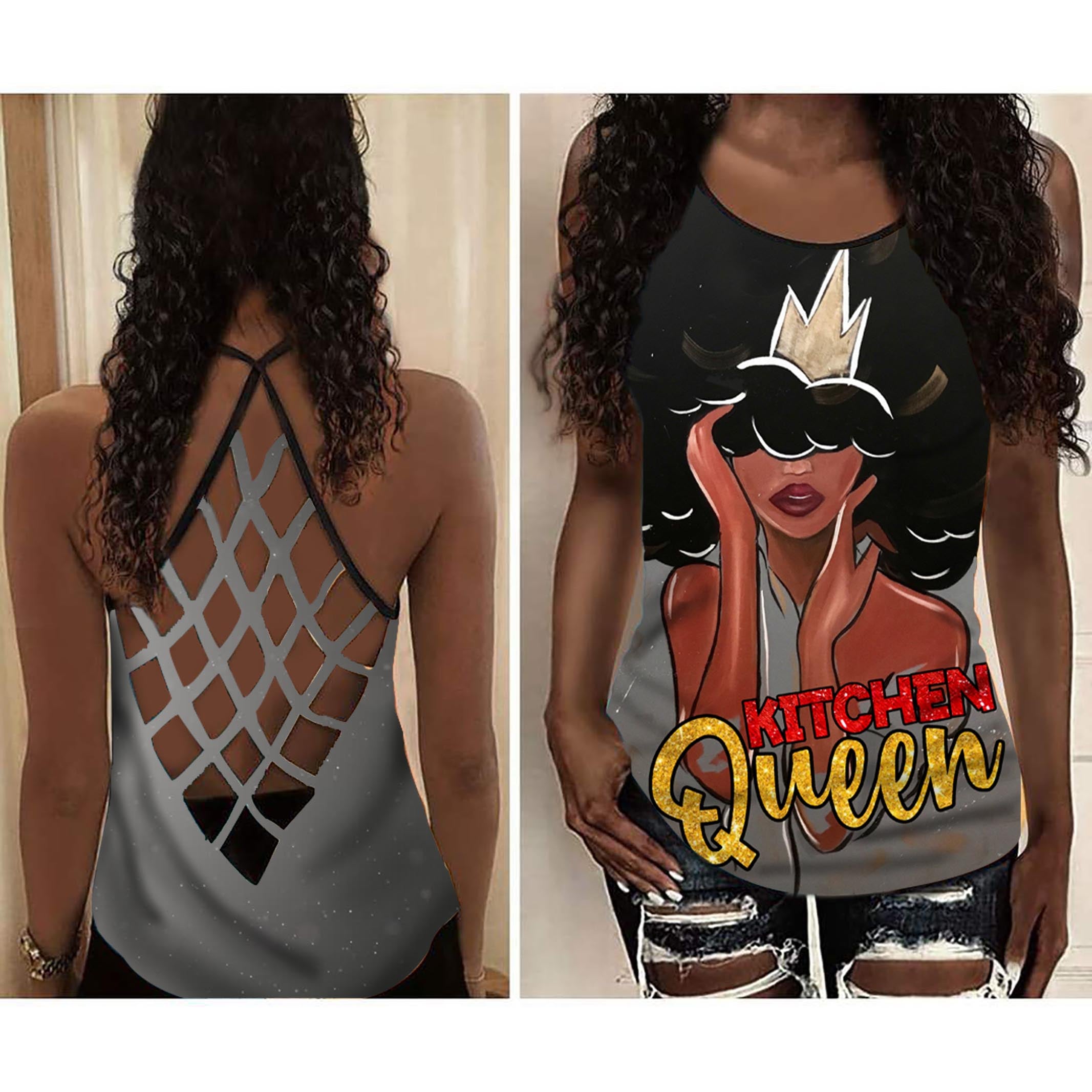 Kitchen Queen Shirt Black Mom Women – Beautiful Black Queen Cross Open Back Camisole Tank