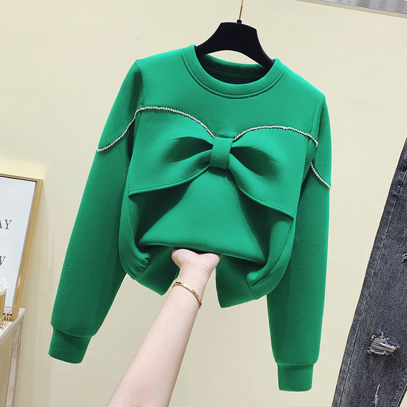 Autumn Sweety Bow-Knot Rhinestone Sweatshirt Casual Solid O-Neck Space Cotton Loose Pullover Tops Uniform alx