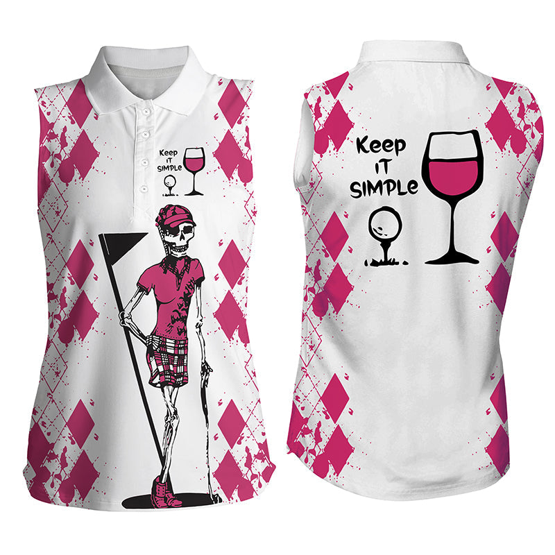 Coolspod White Pink Women Golf Shirt Skull Keep It Simple Golf & Wine Women’S Sleeveless Golf Polo Shirt