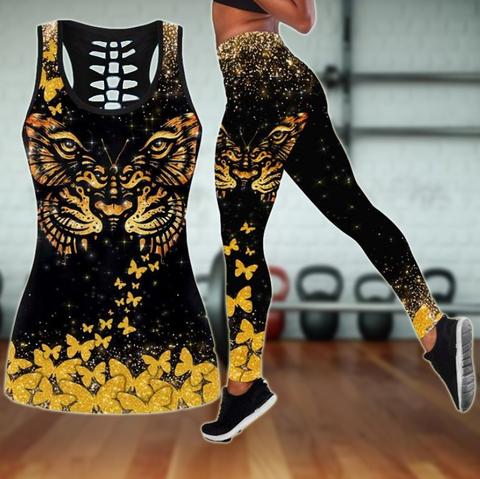 3D Tiger Butterfly  Combo Hollow Tanktop And Legging Outfit