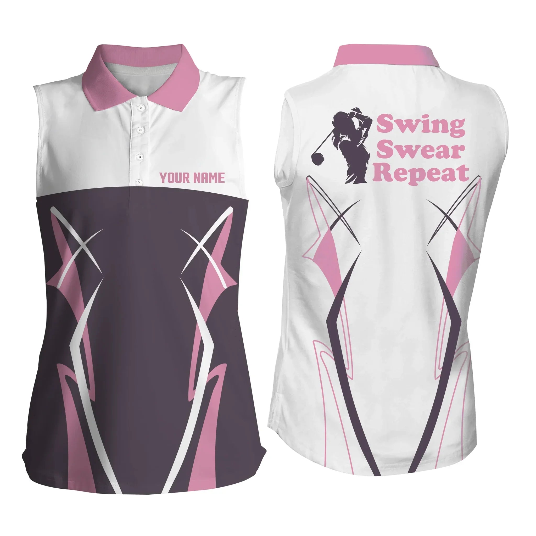 Womens Sleeveless Polo Shirt Swing Swear Repeat Pink Golf Shirts Custom Name Ladies