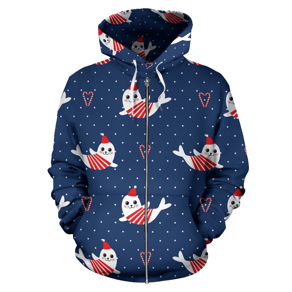 Cute Sea Lion Seal Christmas Hat Candy Cane Heart Pattern Zip Up Hoodie