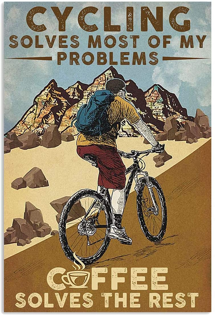 Vintage Man Riding Bike – Cycling Solves Most Of My Problems Coffee Solves The Rest Poster Art Print      Home Decor Gift For Men Women Family Friend On Birthday Xmas