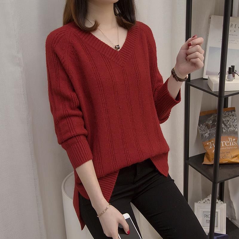 Autumn Winter Oversized V-neck Solid Sweater Top Women Simple All-match Bottoming Knitting Jumpers Loose Casual Fashion Pullover alx