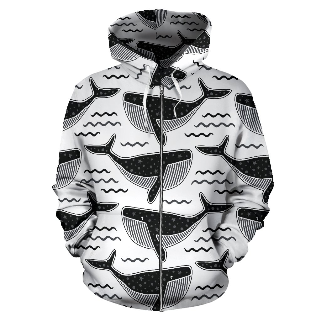 Black Whale Pattern Zip Up Hoodie