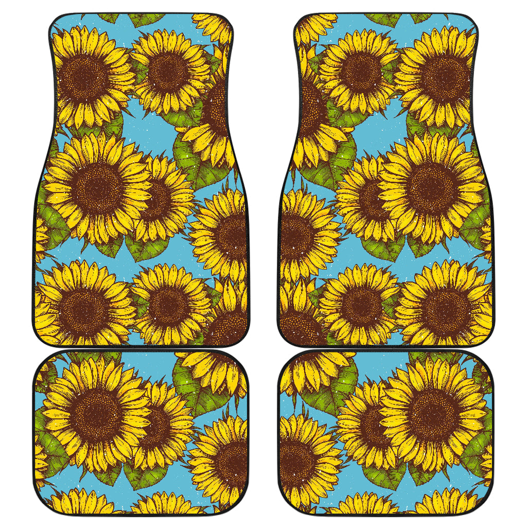 Blue Vintage Sunflower Pattern Print Front And Back Car Floor Mats, Front Car Mat