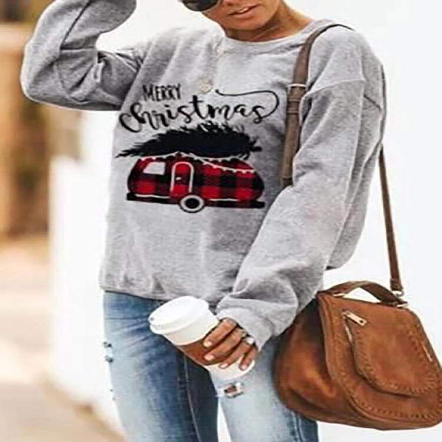 Merry Christmas Plaid Splicing Sweatshirt Letter Print Pullover Hoodies Blouse Tops