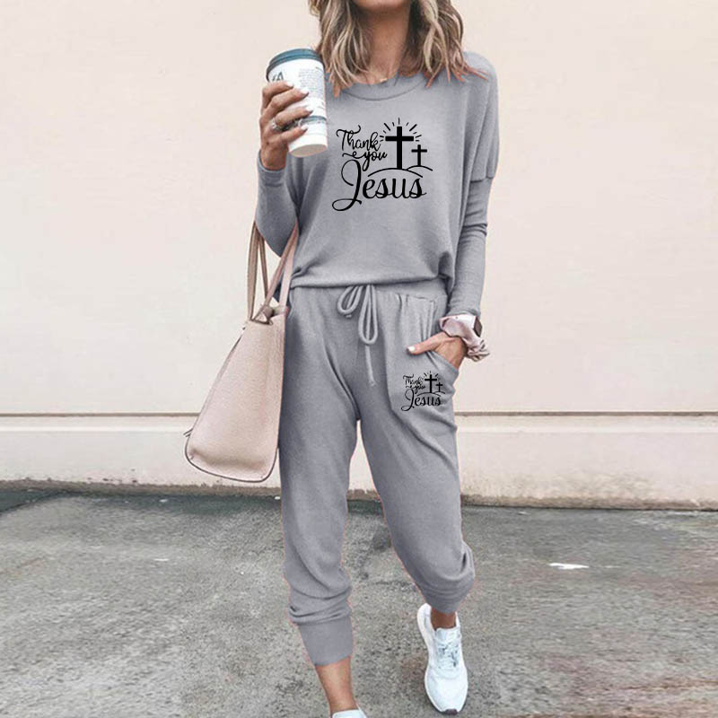 2022 Spring Autumn Women Tracksuit Set Jesus Christ Printing Shrink-sleeved Sports Jogging Suit Solid Color Casual Loose alx