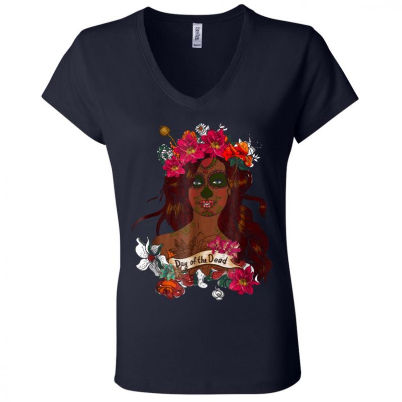 Black Queen Sugar Skull Voodoo Day Of The Dead Melanin Women V-neck T-shirt