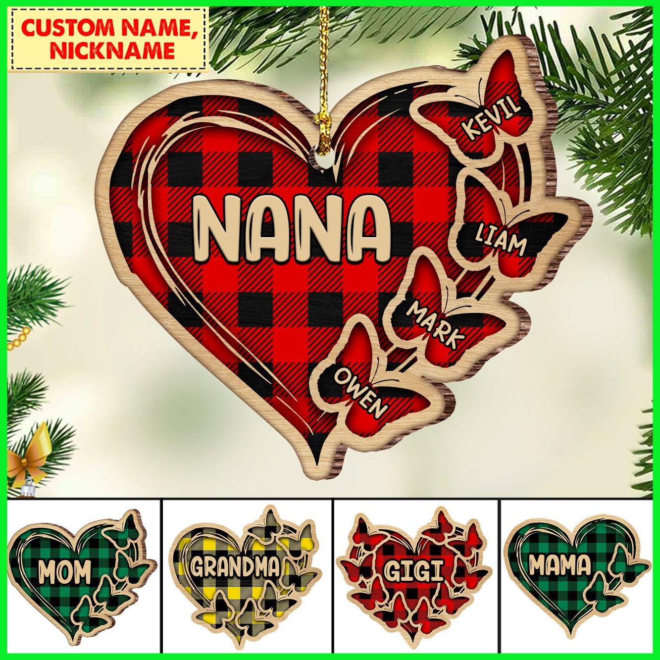 Personalized Christmas Mom Grandma Butterfly Heart Wood Ornament Nvl14Oct21Ct1